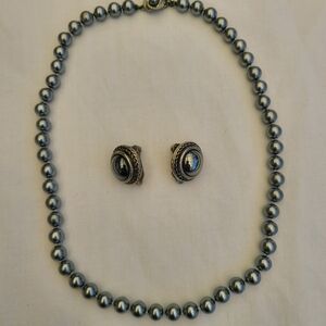 Vintage Hematite 18" Beaded Necklace & Matching Clip Earrings Set
